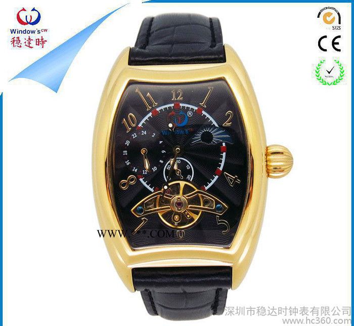 陀飛輪酒桶男士自動機械手表 不銹鋼表殼真皮表帶