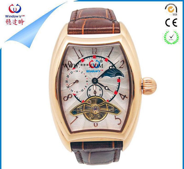 廠家 陀飛輪酒桶男士自動機械手表 不銹鋼表殼真皮表帶